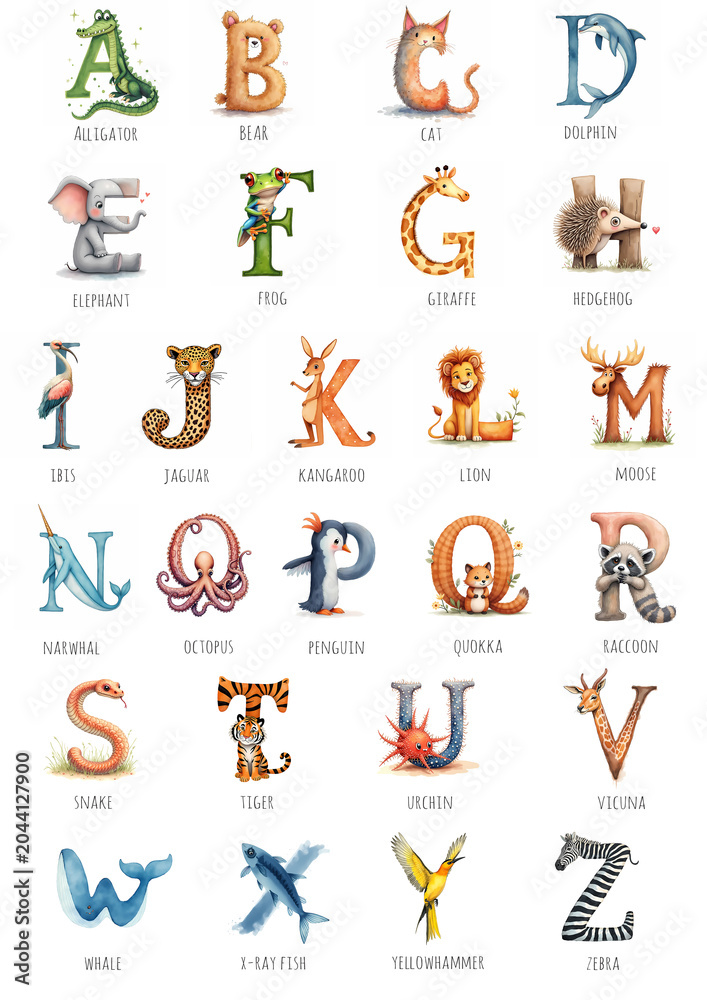 Fototapeta premium Animal Alphabet Watercolor Poster, Cute ABC Letters with Animals for Kids Nursery