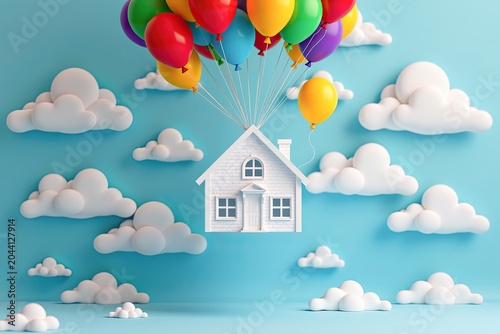 Floating White House Among Bright Balloons