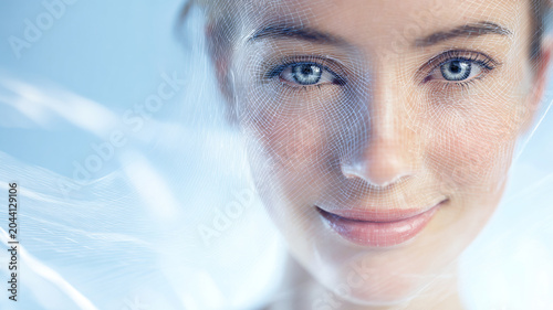 Professional Woman Headshot with Blue Tech Lines