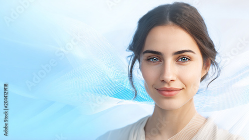 Professional Woman Headshot with Blue Tech Lines