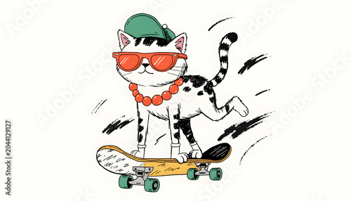 Cool Skating Cat: Retro Illustration of a Spotted Feline in Sunglasses, Cap, and Necklace on a Longboard.