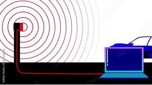 RFID Car Detection System Concept Illustration with Radio Waves and Laptop Monitor Display, ideal for presenting smart parking solutions, toll collection systems, supply chain logistics and IoT system