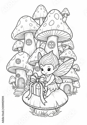 Whimsical fairy sitting on mushroom in enchanted forest scene.