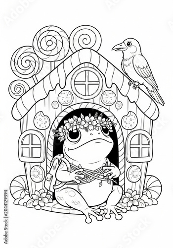 Whimsical Frog Playing Guitar in Fairy Tale Cottage Scene.