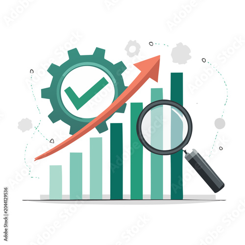 Business growth chart with magnifying glass and gear icon
