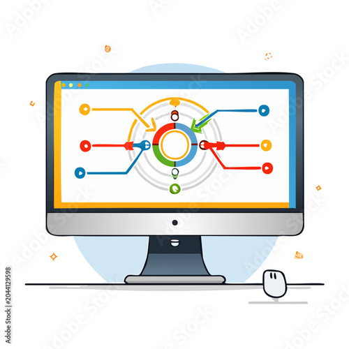 Computer screen displaying a colorful data flow diagram
