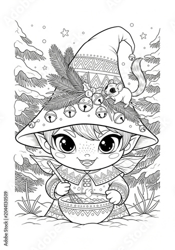 Whimsical Fairy Character in Festive Mushroom Hat Coloring Art.