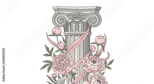 classical ionic column is beautifully decorated with winding pink ribbons and blooming peonies, blending architectural and floral elements.