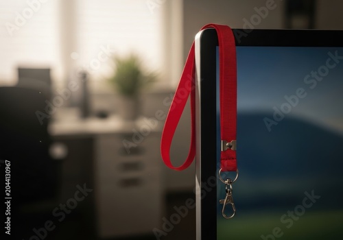Close-up of a Red ID Card Lanyard Hanging on a Desktop Monitor in a Bright Modern Office Setting