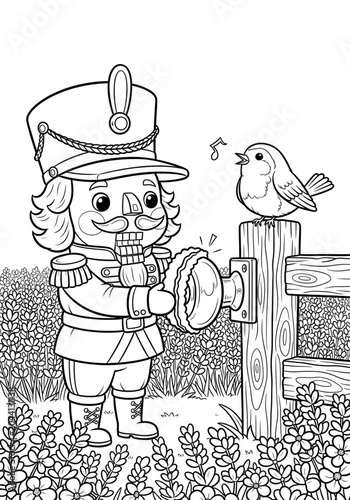 Whimsical Nutcracker Soldier Feeding Small Bird in Garden.