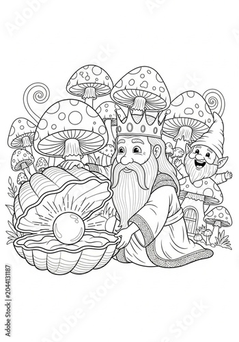 Whimsical Gnome and Mushrooms Fantasy Line Art Illustration.