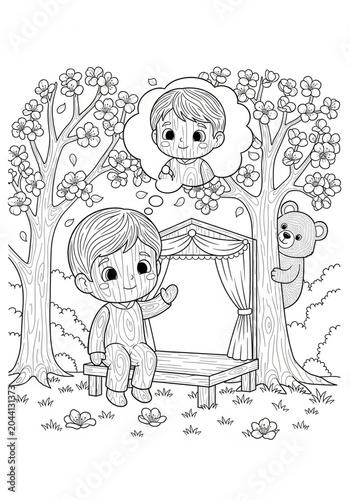 Whimsical Children Playing in Enchanted Forest Scene Illustration.