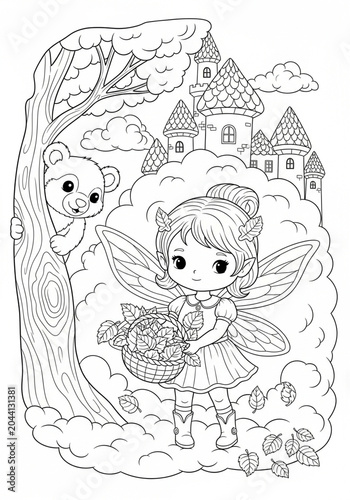Whimsical fairy with basket in enchanted forest coloring page.