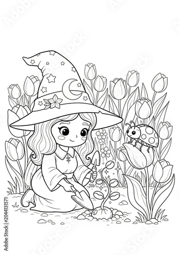Cute Witch Girl Gardening Among Tulips Black and White Illustration.