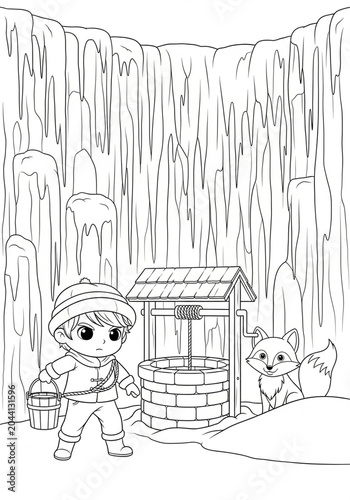 Cute Cartoon Child and Fox Near Icy Water Well.