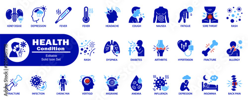 Medical symptoms solid icons set. Featuring kidney disease depression fever headache cough nausea fatigue sore throat rash and fracture.