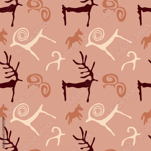 Saimaluu Tash ancient petroglyph seamless pattern, Kyrgyz cave art drawings of deer and ram on terracotta background for ethnic fabric