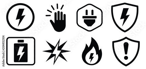 Cuadro en lienzo Electric shock warning icon collection with power hazard and high voltage safety symbols in vector style