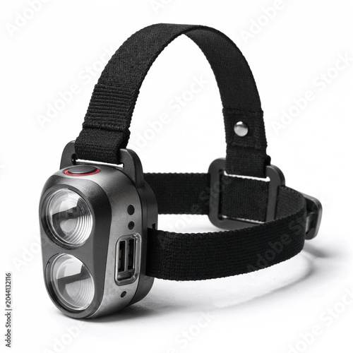 Rechargeable LED headlamp isolated on white background, realistic product photography, PNG