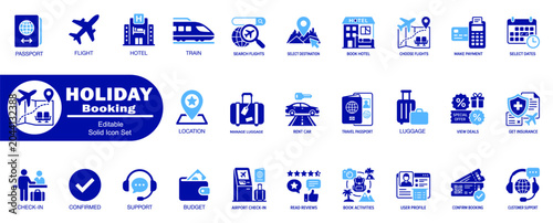 Holiday booking editable solid icon set. Featuring travel, vacation, and tourism graphic design, digital apps, and websites.