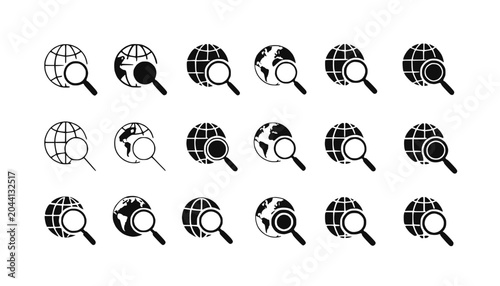 Global Search Icons: Magnifying Glass on Planet Earth, Internet Research and Exploration
