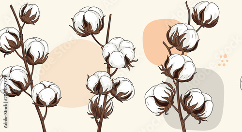 Seamless pattern design featuring soft white cotton bolls on branches with organic shapes and a neutral beige background color.