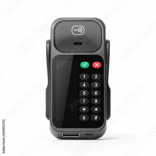Ultra realistic NFC contactless payment terminal isolated on pure white background, professional product photography, PNG