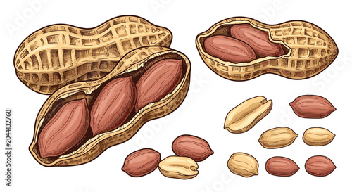 Vintage style engraved illustration of whole peanuts in shells and shelled kernels isolated on a plain white background for design.
