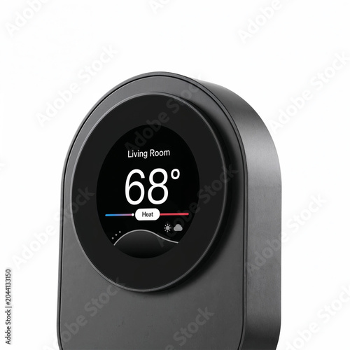 Prompt: Modern smart thermostat isolated on white background, home automation device, PNG