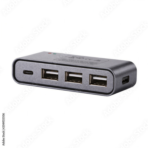 Modern multi-port USB hub isolated on white background, realistic tech accessory, PNG