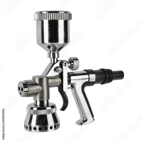 Industrial paint spray gun isolated on white background, realistic workshop tool, PNG