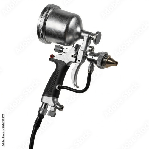 Industrial paint spray gun isolated on white background, realistic workshop tool, PNG
