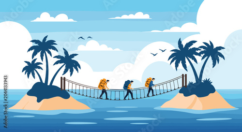 Three adventurous travelers with backpacks crossing a wooden suspension bridge between two beautiful tropical islands over the blue sea.