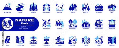 Nature park icons set. Environmental themes and outdoor activities flat vector illustration.