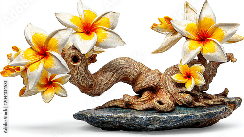 Plumeria flowers on wooden bonsai branch isolated on white background with plumeria