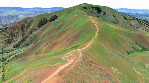 Aerial view of a long winding hiking trail across rolling grassy hills near a city