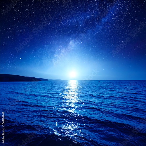 A serene nighttime scene of a vast body of water under a starry sky with a bright moon shining on the horizon