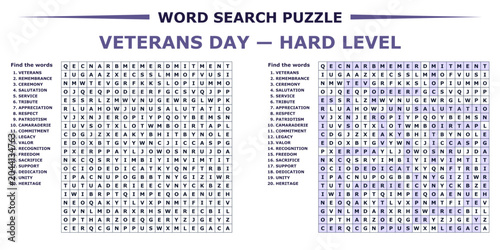 Tablou pe pânză Veterans Day word search puzzle grid hard level with solution for kids and adult