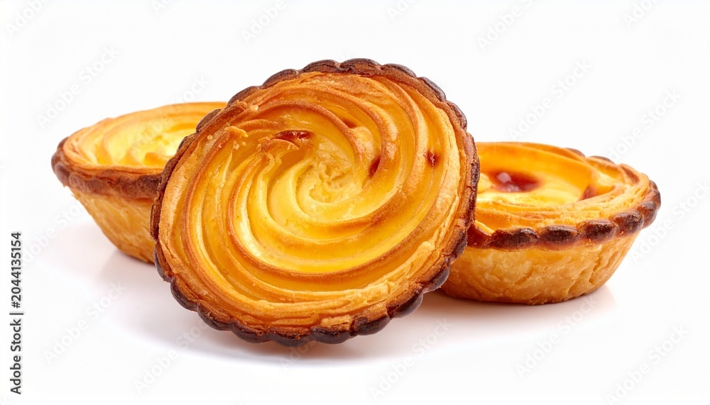 Fototapeta premium Golden custard tarts with swirled tops on white background