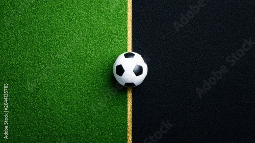 Corporate Football Sponsorship Concept. Minimalist Sports Concept - Empty Soccer Pitch with Gold Line Divider and Floating Football