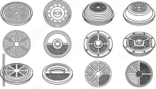 Schilderij op canvas Various Military Landmines and Explosive Devices Black and White Line Art Vector