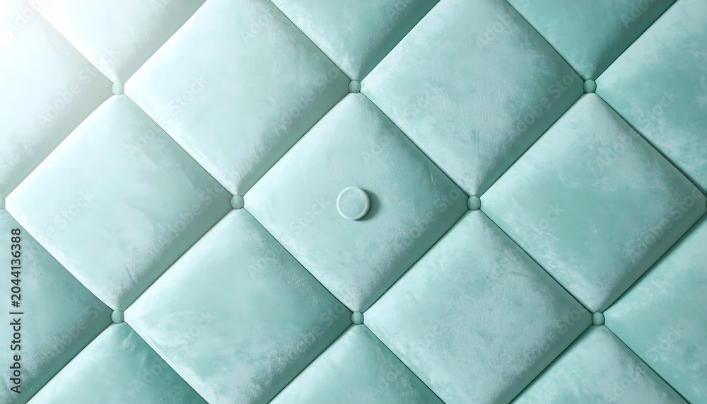 Naklejka premium Elegant and soothing teal fabric background featuring a meticulously crafted diamond quilt pattern, highlighted by a subtle central button and gentle ambient light