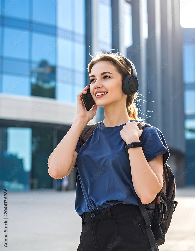 Fototapeta premium Young woman in blue shirt talking on phone outside modern building