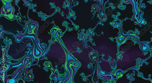 Abstract seamless pattern presents fluid, organic bioluminescent shapes in vibrant blue, green, and purple, resembling microorganisms on a dark backdrop.