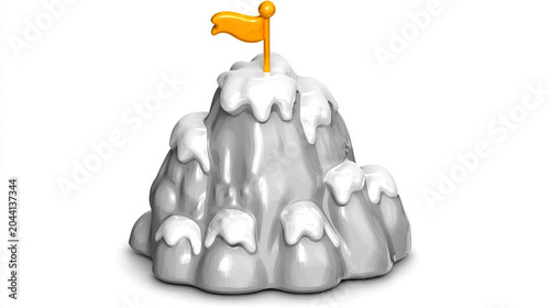 Small snow covered mountain peak with orange flag 3D icon mountain achievement