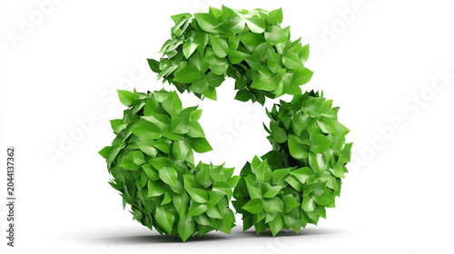 Recycle symbol made of fresh green leaves isolated on white background with environment