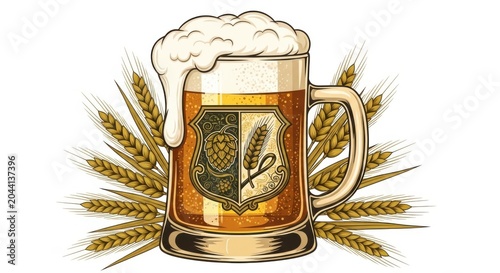 Beer mug with coat of arms and hops on sides