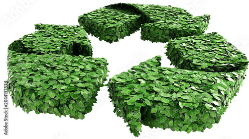 Three dimensional recycling icon made of green foliage blocks with environment, textured