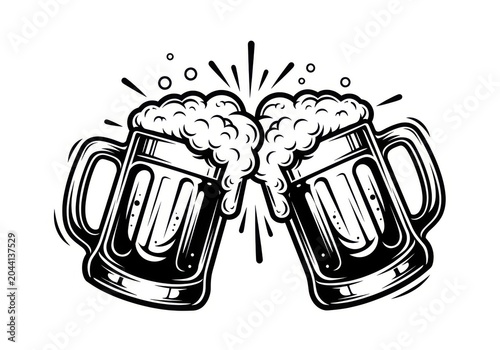Two beer mugs clinking with frothy foam spilling out