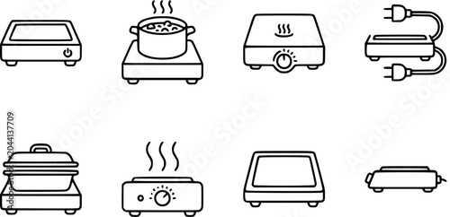 Bild auf Leinwand Black and White Line Art Icons of Portable Heating Kitchen Appliances: Induction Cooktops, Hot Plates, and Food Warmers for Culinary Use